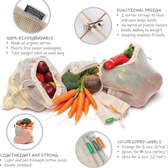 12+1 Reusable Produce Bags Grocery Washable, Organic Cotton Mesh Produce Bags, D - Picture 4 of 8
